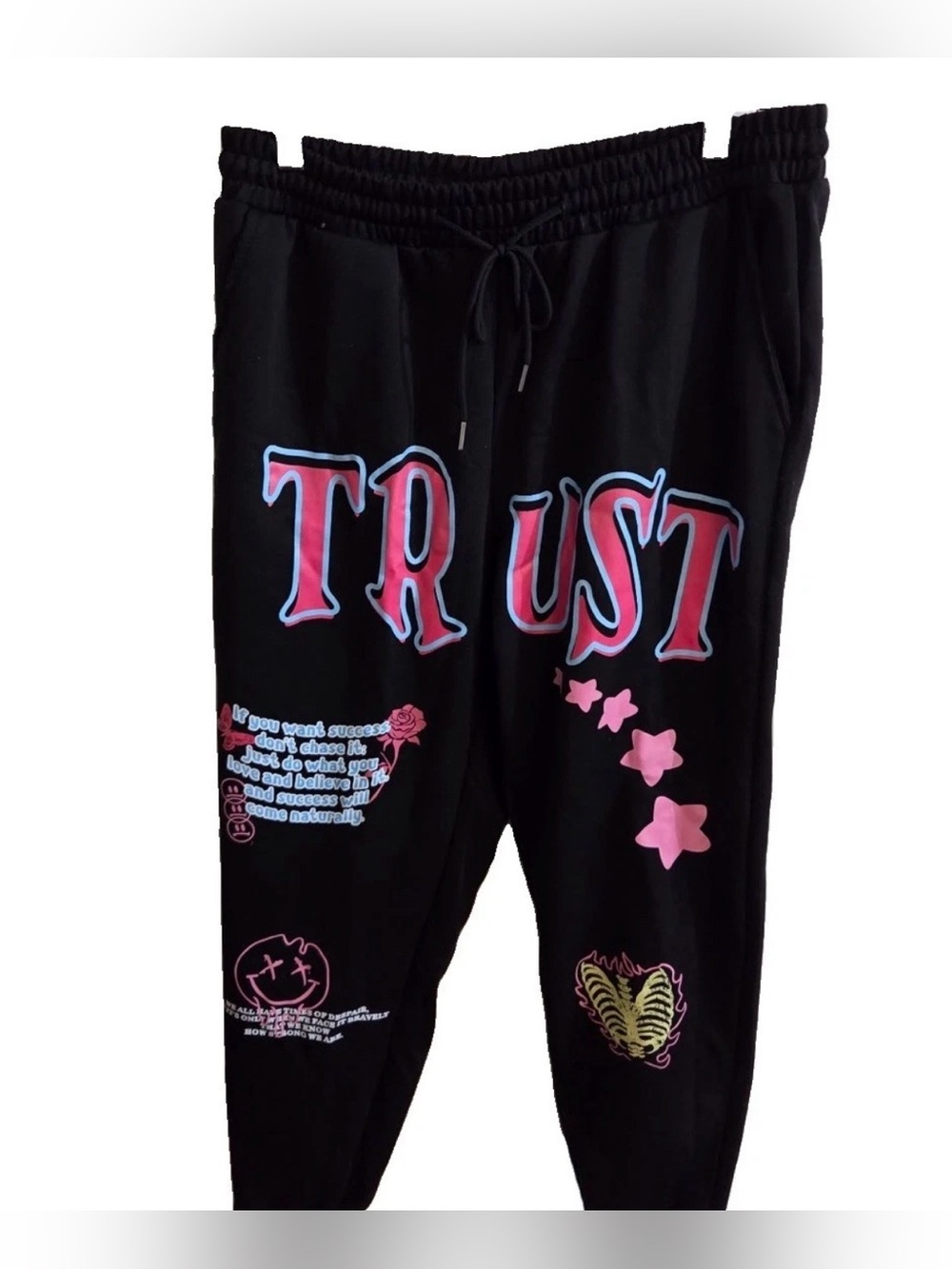 ROMWE Sweatpants Size L 32” W Black With TRUST and Graphic On Back of pants